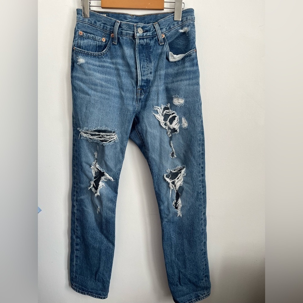 Levi’s Premium 501 Tapered Distressed Denim Jeans - Medium Blue Wash - US 27